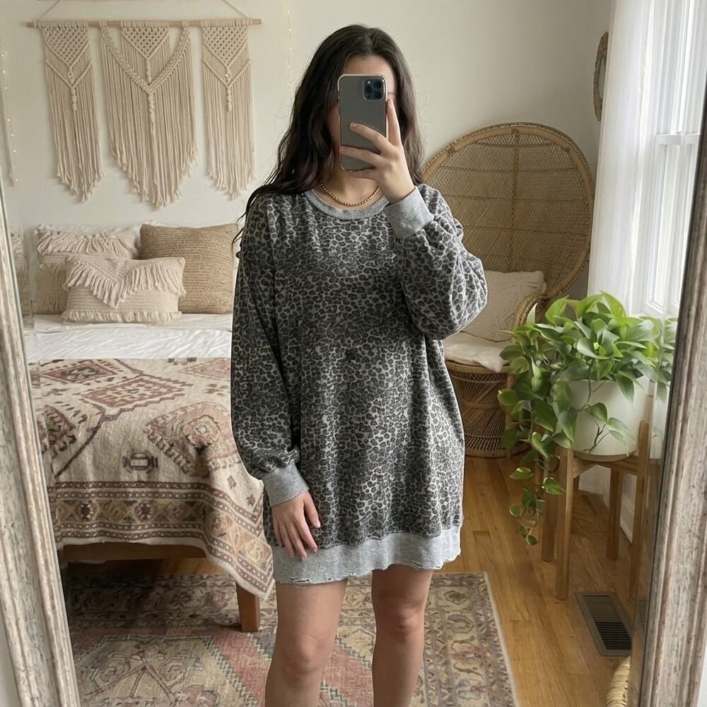 NWOT entro grey snow leopard print distressed oversized sweatshirt dress size s